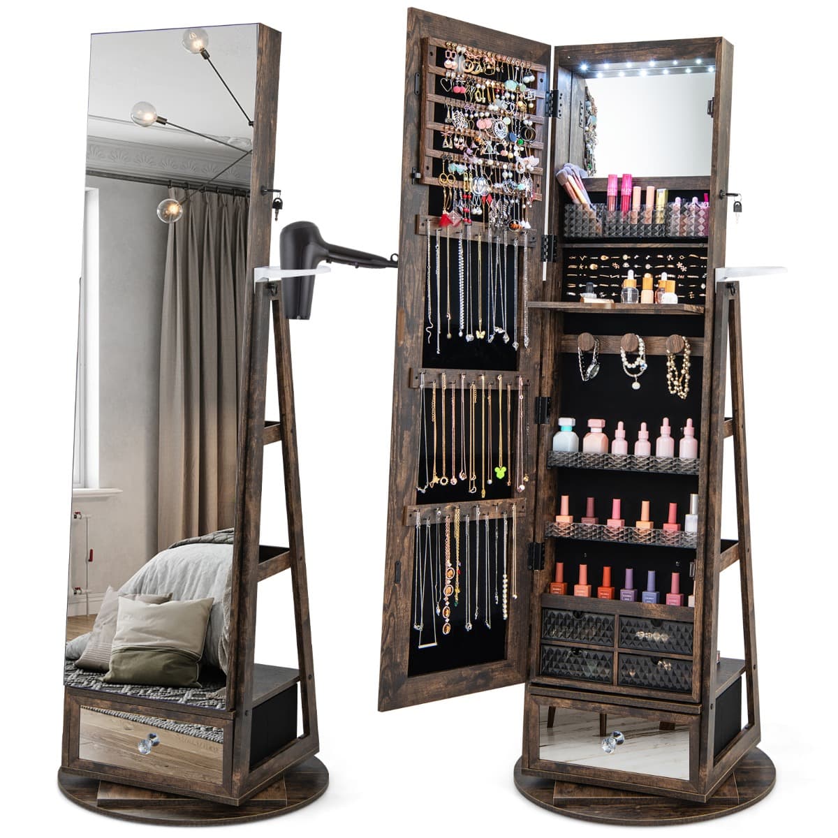 CostwayArmoire à Bijoux Pivotante à 360°Miroir Pleine Longueur Lumières LED Etagère 3 Niveaux Porte Verrouillable Noyer