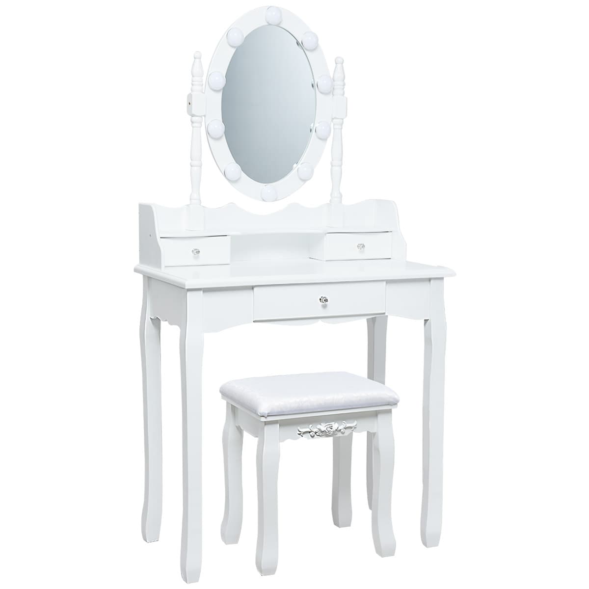 CostwayCoiffeuse avec 11 Ampoules LED Tabouret et Miroir à 360 ° 3 Tiroirs Peut Transformer Comme Bureau Blanc