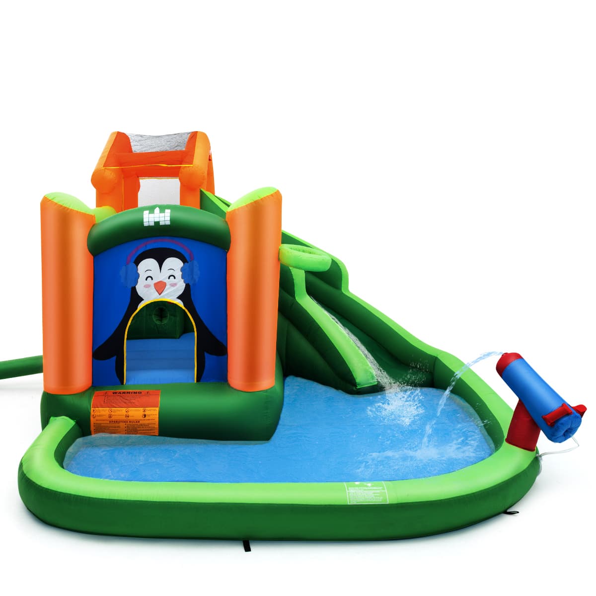 CostwayChâteau Gonflable avec Toboggans Aquatiques Aire de Jeux Gonflable Piscine avec Motif de Pingouin pour Enfants de 3 à 10 Ans