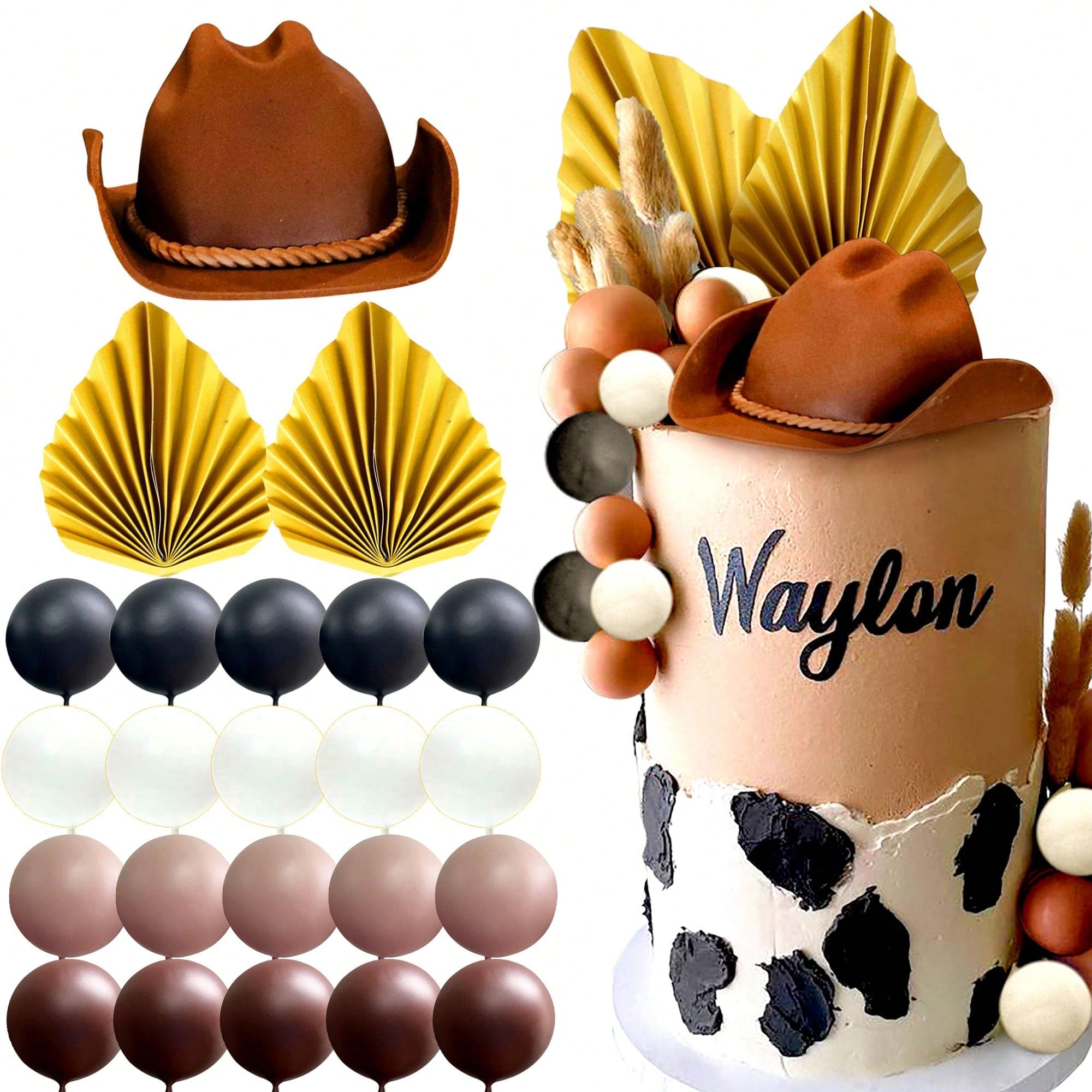 RGT Cowboy Rodeo Cake Topper Décorations de gâteau de cow-boy de lOuest avec chapeau de cow-boy, topper de gâteau danniversaire de feuilles de