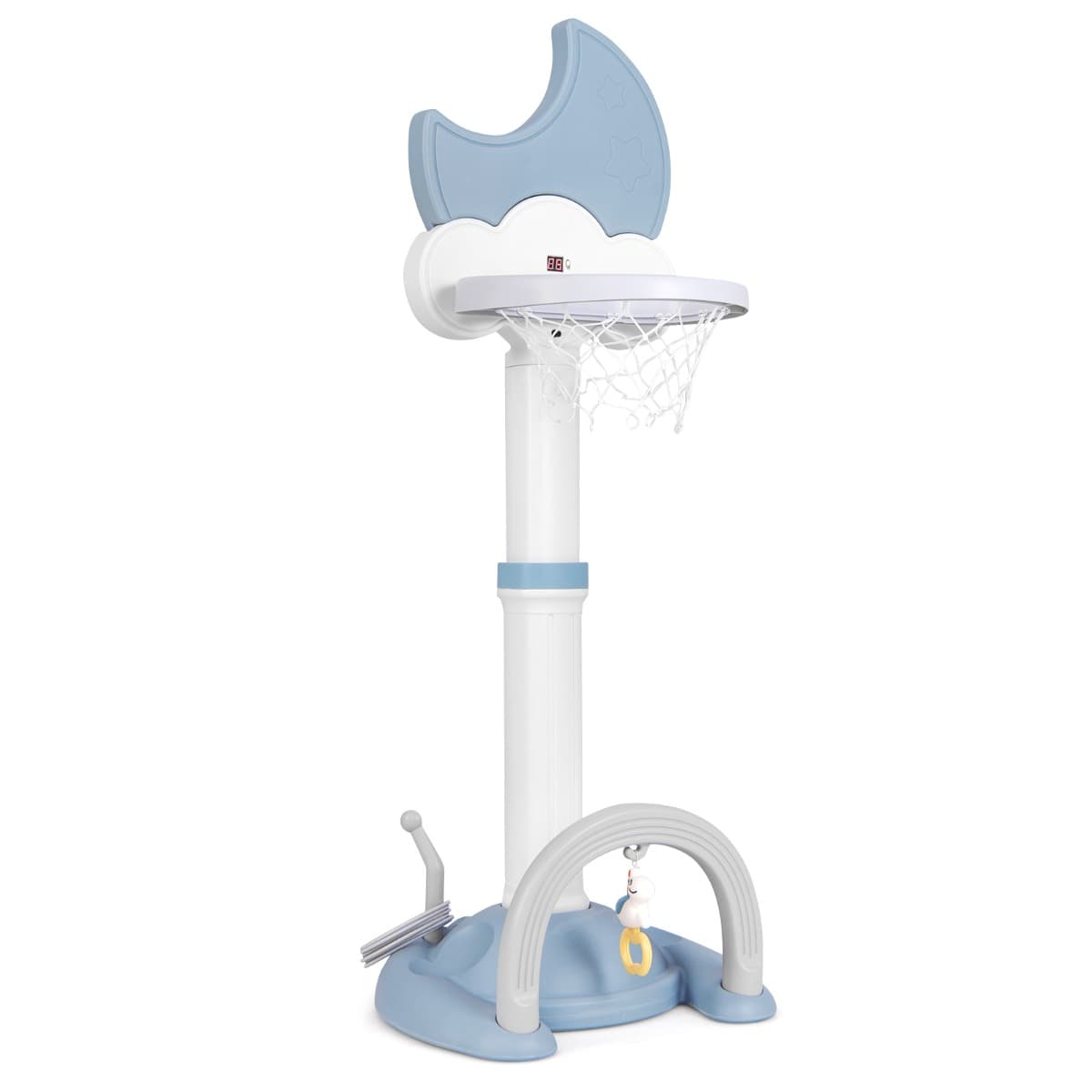 CostwayPanier de Basket 4-en-1 avec Effets Sonores des Nuts Aire de Jeu Réglable en Hauteur avec Basketball Football Golf pour 3+ Ans Bleu